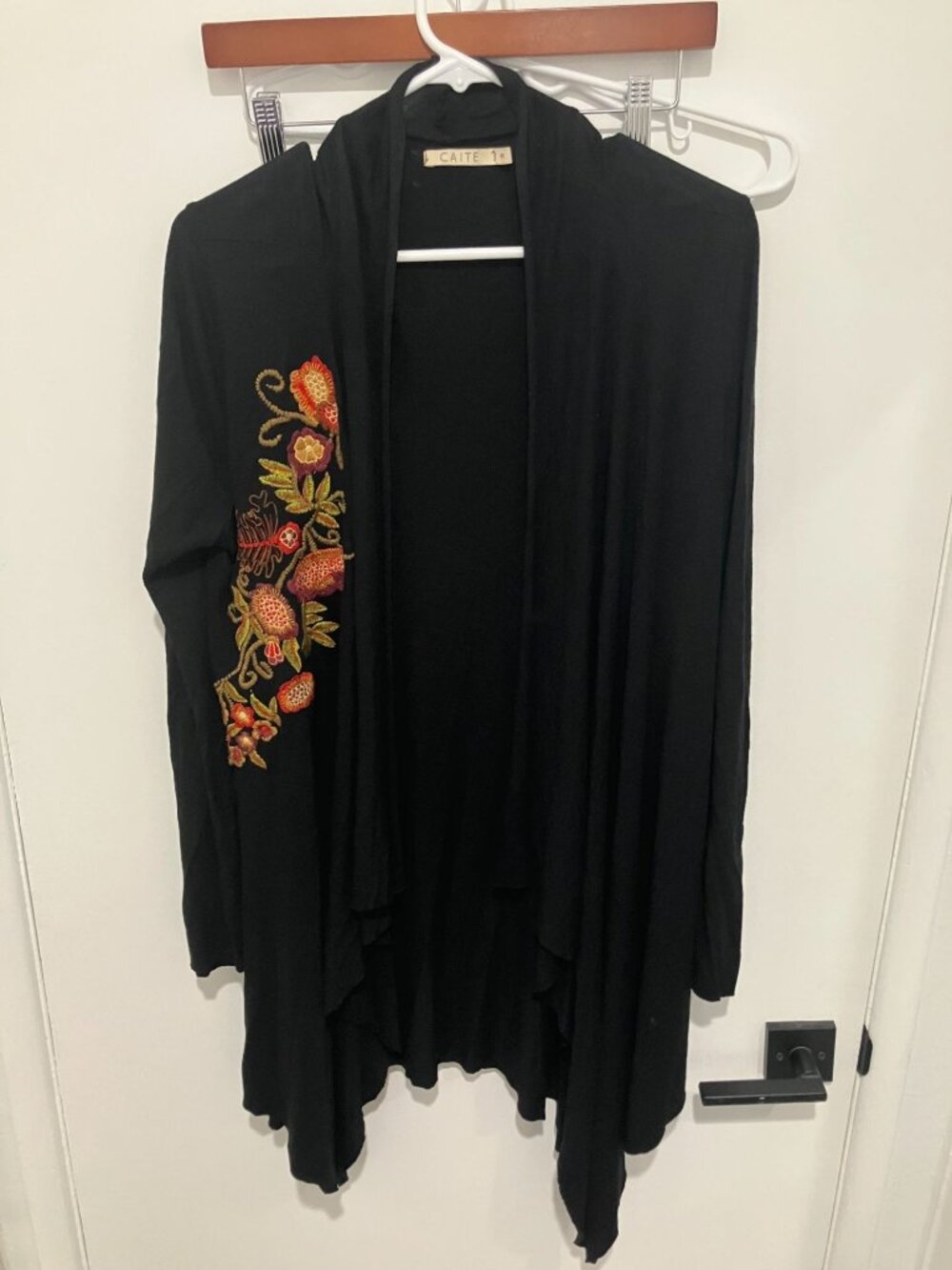 Caite Women's Floral Embroidered Open Cardigan, Black Multi, Size Small, Boho